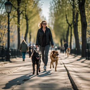 a photo taken with a DSLR camera featuring two large size skittish dogs wearing a simple no-brand black harness walking on a beautiful European sidewalk by a green park on a sunny day with an attractive middle aged woman walking next to the dogs